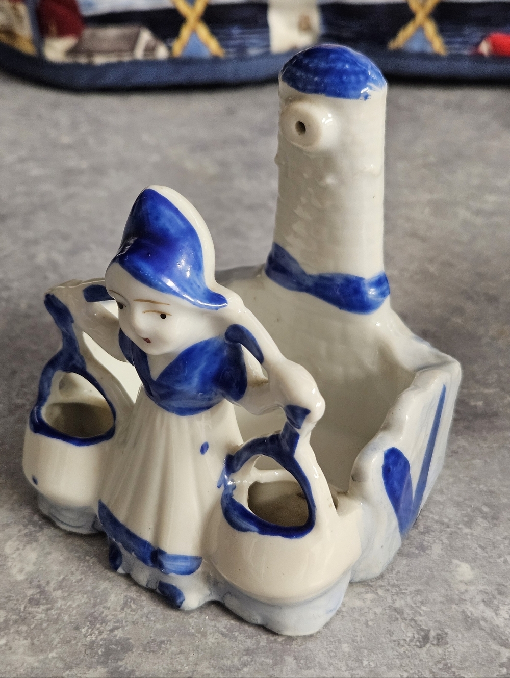 Vintage Blue & White Porcelain Girl Lady at Well Wall Hanging Matchbox Holder?